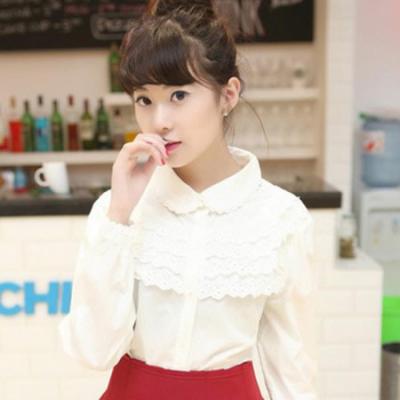 E7806-2014秋新款女装甜美娃娃领层层花边长袖百搭白衬衫 0829